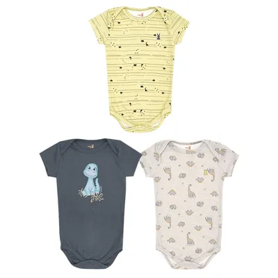 Kit Body Manga Curta Bebê Kiko Baby Dinossauro - 03 Peças